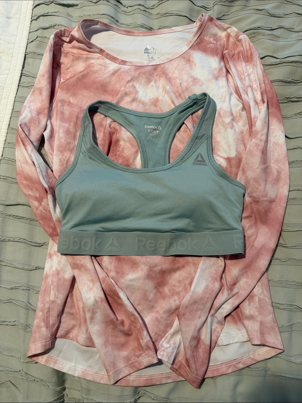 Reebok Green Racerback Sports Bra with Elastic Logo Band and RBX long sleeve